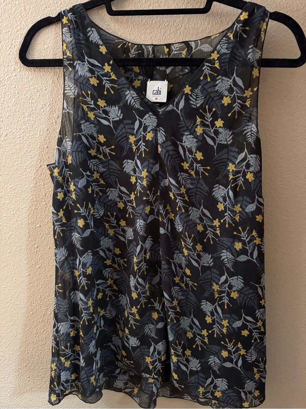 CAbi Black Floral Sleeveless Blouse with Yellow and Gray Leaf Print